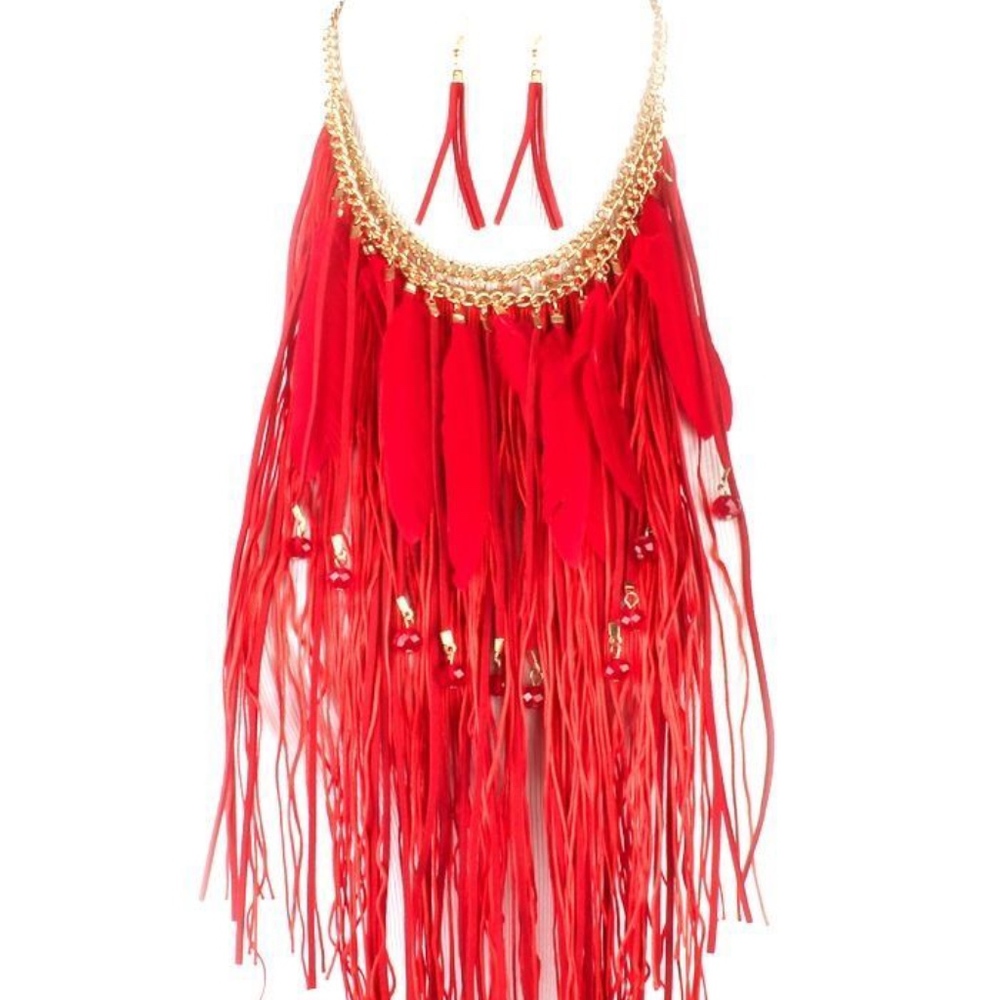 Red Fringe Feather Necklace